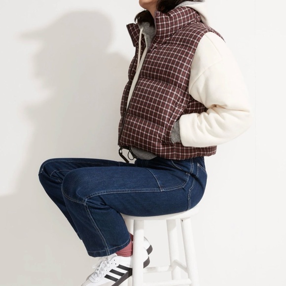 Madewell MWL Cropped Spices Raisin Burgundy Puffer Vest in Plaid, L - Picture 10 of 15